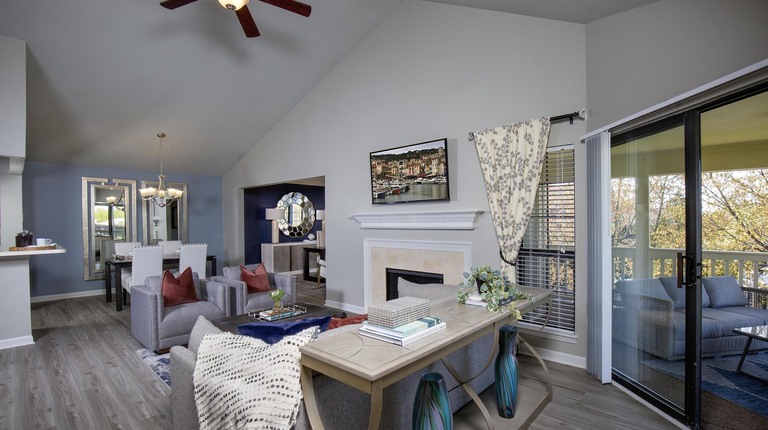 Open Living Room with Vaulted Ceilings and Fireplace